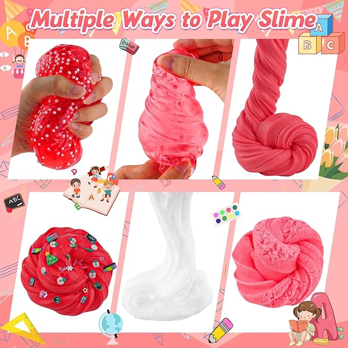 LAWOHO 6 Packs Slime Kit, Back to School Slime Gifts for Kids, Red Learning Themed Slime with Cloud Butter Clear Textures, Birthday Party Favors Goodie Bags Stuffer Anxiety Stress Relief Toys