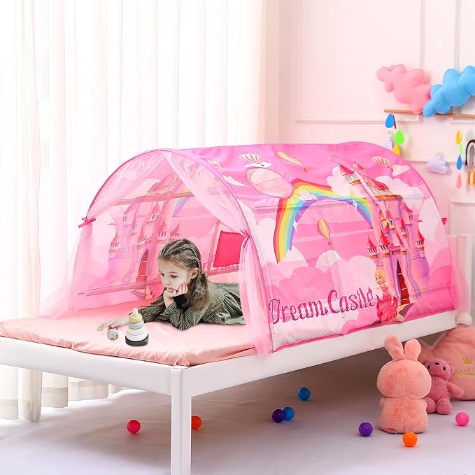 Kids Bed Tent Twin Beds -Cartoons Wonder Play Tents Boys Girls Ventilated Indoor Play Tent Children Promotes Independent Play, Stimulates Imagination Set-Up Playhouse (Castle