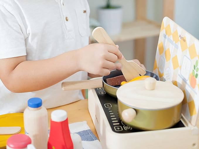 PlanToys Wooden and Metal Cooking Utensils, Pots, & Pans Kitchen Playset (3413) | Sustainably Made from Rubberwood and Non-Toxic Paints and Dyes