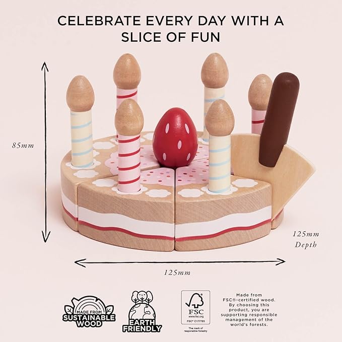 Le Toy Van - Honeybake Childrens Wooden Vanilla Birthday Cake Play Food Pretend Toy | Perfect For Pretend Role Play | Birthday Cake Play Kitchen Role Play Toy (TV273)
