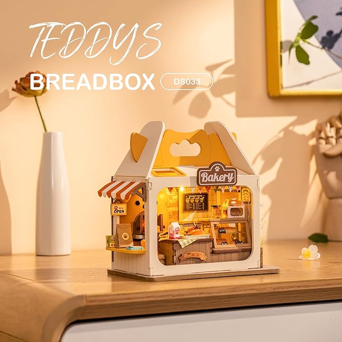 DIY Mini House Building Teddy Miniature Kit Breadbox, Miniature Lifestyle Bookshelf Decoration, Cute Craft Kits for Women or Girls 14+, Kawaii Gifts Hobbies for Crafters (Teddy's Breadbox)