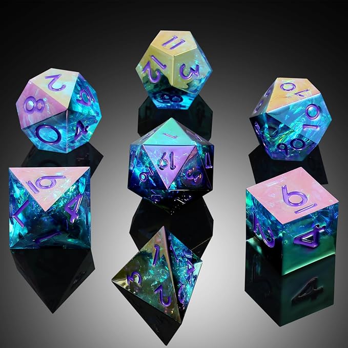 Iridescent Plating DND Dice, DNDND Handmade Resin Sharp Edge D&D Die with Gift Case for Dungeons and Dragon Tabletop Games (Iridescent Plating Green & Blue)