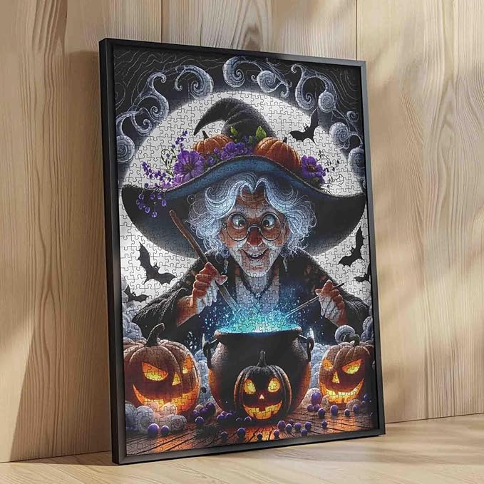 Mystical Grandma Witch Stirring 1000 Piece Jigsaw Puzzle for Adults Students 20×27 Inches Halloween Night Pumpkins Bats Magical Blue Spell Autumn Puzzles for Fall Decor and Gift for Puzzle Lovers