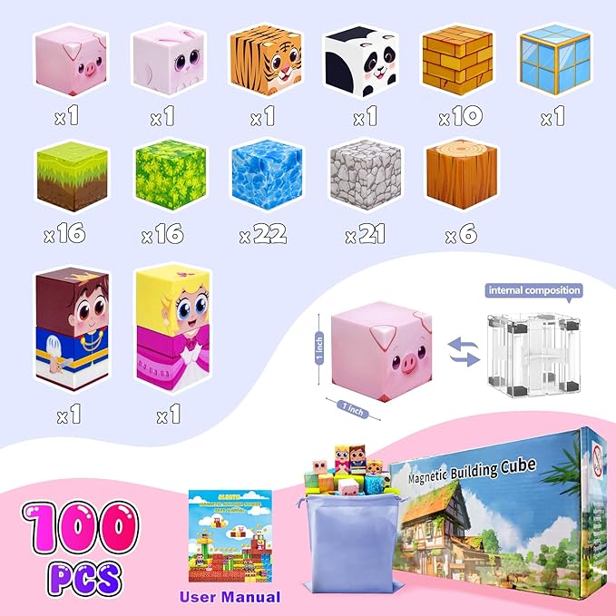 100PCS Magnetic Building Blocks for Kids: 1" Magnetic Cubes, Magnet Building Blocks for Kids Ages 8-12, Pixy Blocks STEM Toys for Boys & Girls,Christmas Birthday Gifts for Toddler Ages 3+