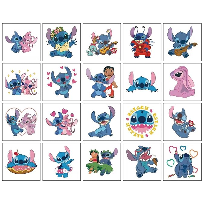 20 Sheets Stitch Temporary Tattoos Birthday Themed Party Supplies Decoration Favors Cartoon Cute Sticker for Kids Boys Home Activity Class Prizes Carnival Christmas Rewards