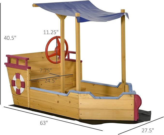 Outsunny Pirate Ship Sandbox with Cover and Rudder, Wooden Sandbox with Storage Bench and Seat, Outdoor Toy for Kids Ages 3-8 Years Old