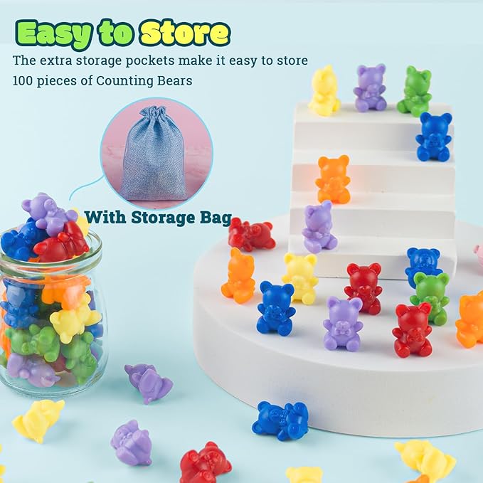 XINHUIDALSQ Rainbow Counting Bears Set of 100, 10 Colors Sorting Teddy Plastic Bears Math Manipulatives for Toddlers, 1 Inch Bear Conters Ages 3+ Kids