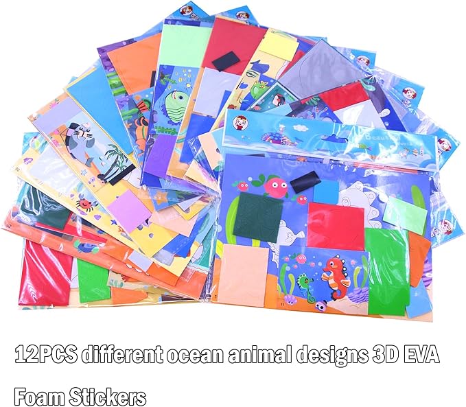 3D EVA Foam Stickers for Toddlers 12PCS Sticky Foam DIY Craft Preschool Art Class Drawing Sticker Puzzle Art Kit for Kids Boys Girls (Sea Animals)