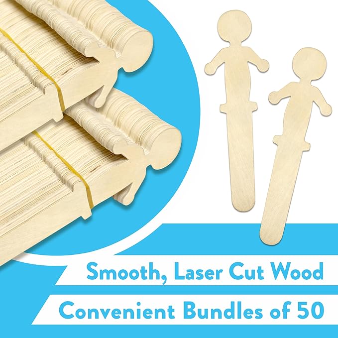 50 Pack People Shaped Wooden Craft Sticks, 5.25" Person Shape Wood Popsicle Sticks, Unisex Student Classroom Crafts DIY Sticks
