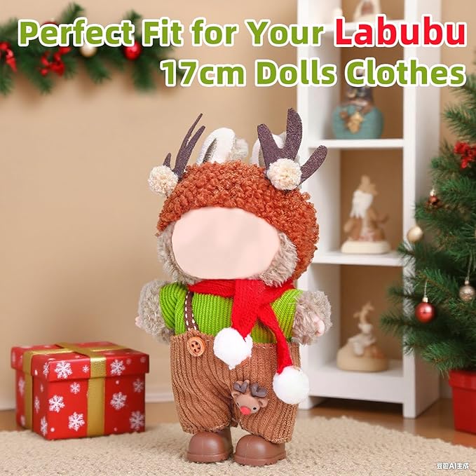 17cm Doll Clothes Set (No Doll), 5 Pieces Outfit Set for 6.7inch Dolls Suit, Stylish Adorable Dolls Christmas Clothes Accessories,Includes—Moose hat + Scarf + Top +Overalls+ Shoes(Style G)