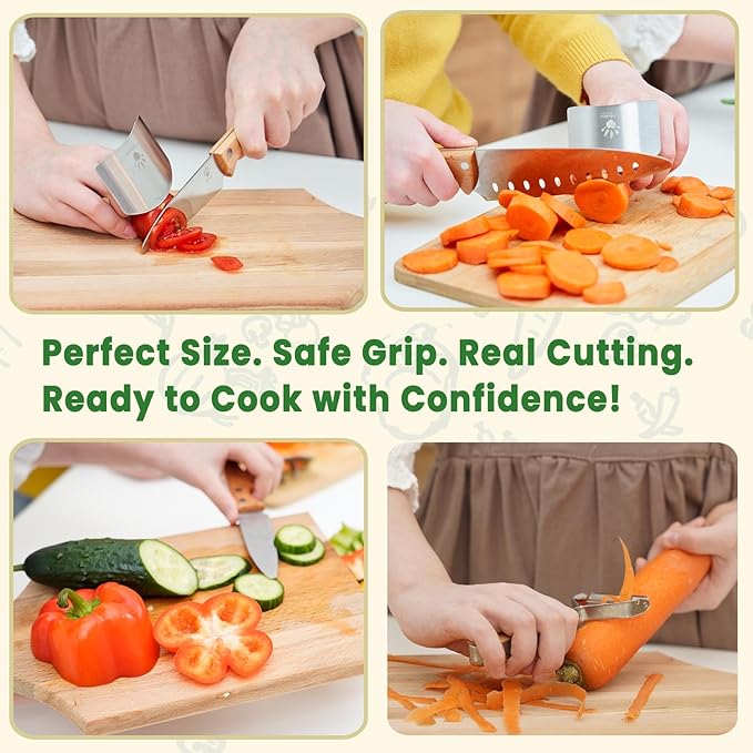 Kibbidea Kids Knife Set 4-Pieces, Stainless Steel, Wooden Handle Kids Knives for Real Cooking, Child Friendly Chef Knife for Cutting Chopping, BPA-free Kitchen Knives for Teenager 8-12