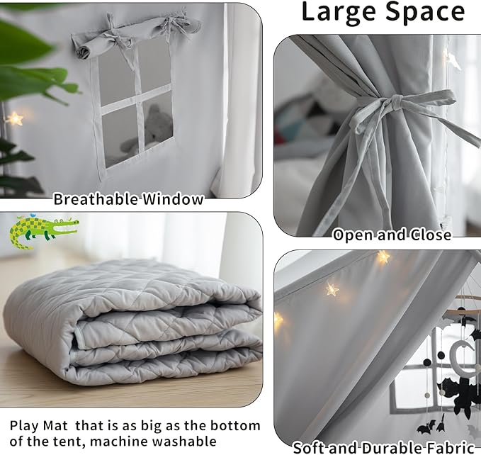 Kids Play Tent with Mat, Razee Large Playhouse Tent Indoor, Play House Kids Tent Castle for Girls Boys, Play Cottage (Grey)