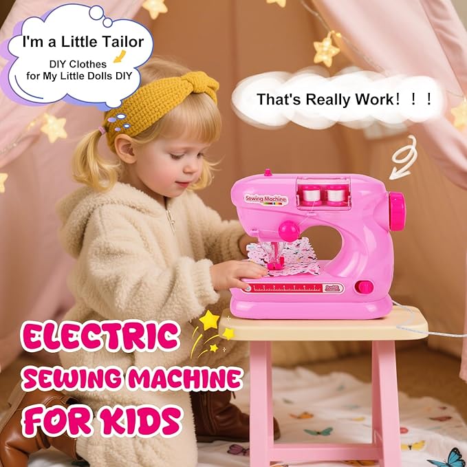Coherny Sewing Kit for Kids Pretend Play Toys with Toy Washing Machine & Vacuum Kids Washer and Dryer Playset with Mini Sewing Machine for Dollhouse Furniture Toddles Boys Girls Cleaning Gifts