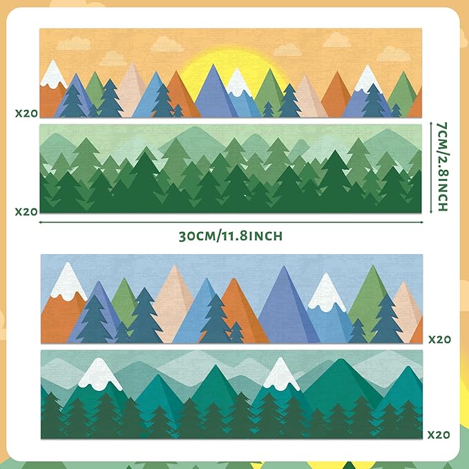 BeYumi Moving Mountains Border Trim - 80Pcs Back to School Moving Mountains Straight Bulletin Board Borders Woods Green Pine Trees Decor Classroom Office Chalkboard White Board Poster Party Decoration