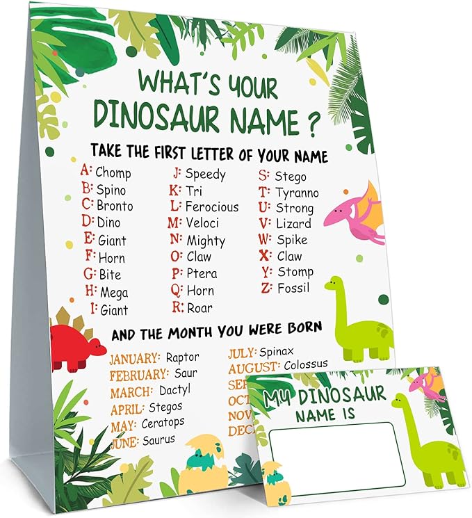 What is Your Dinosaur Name Game, Game Sign and 30 Cards, Dinosaur Birthday Party Sign for Boys and Girls, Holiday Activity, Kids Dinosaur Activity Cards, Dinosaur Activity Decoration Supplies