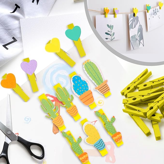 50PCS Colored Wooden Clothespins, 2.9inch Yellow Clothes Pins for Clip Pictures Photos Decorative, Small Colorful Wood Decoration Closepins Clips
