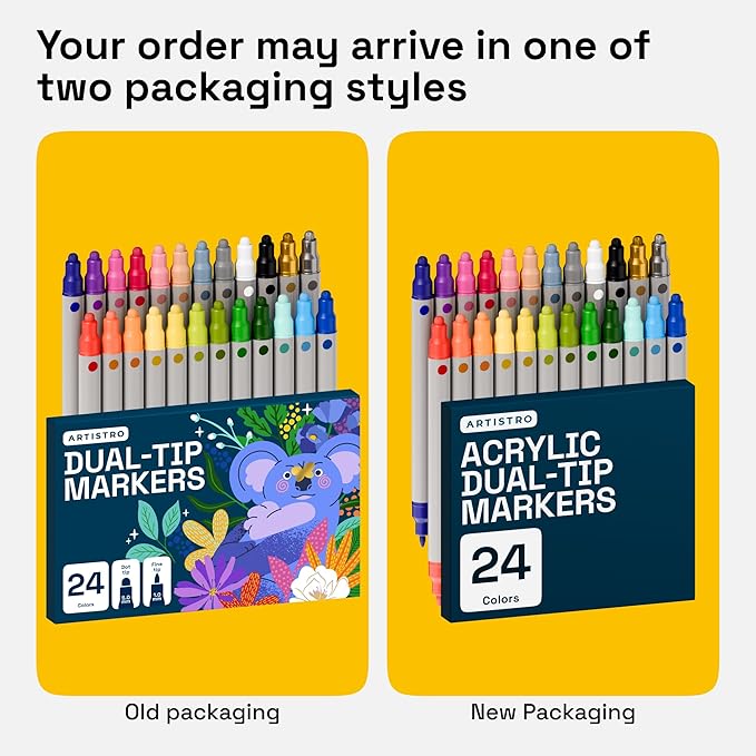 ARTISTRO 24 Acrylic Paint Markers for Rock, Fabric, Wood, Glass, Craft, Decoration - Dual-Tip Paint Pens - Stocking Stuffers, Christmas Gift Idea for Teens, Grandkids, Kids - Art Supplies