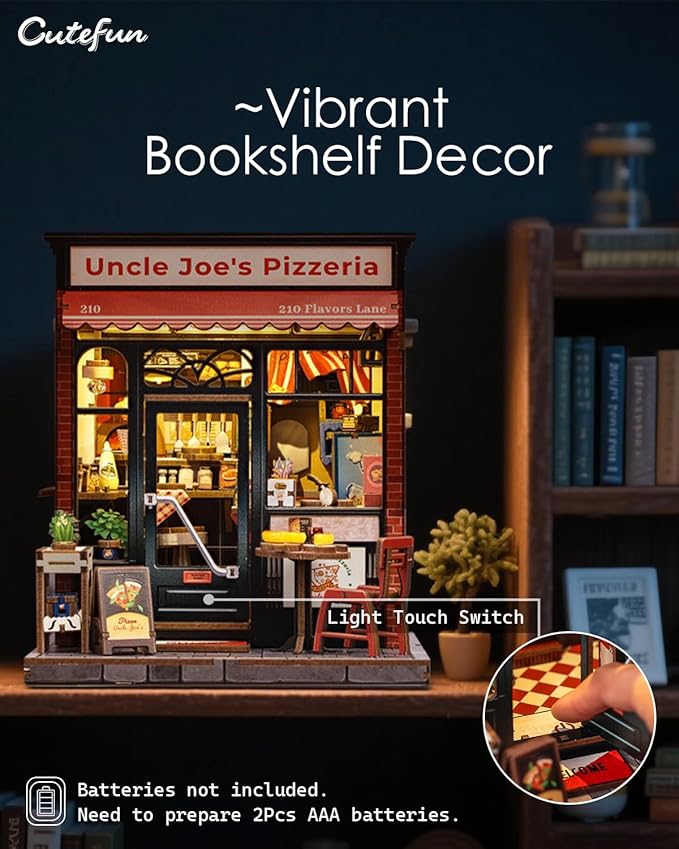 Cutefun Book Nook Kit - DIY Miniature Dollhouse Kit for Adults and Teens, Pizza Place Mini House Building Kit with LED Bookshelf Insert Decor Creative Gifts (Uncle Joe's Pizzeria)