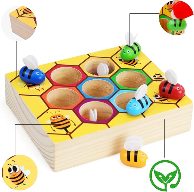 WOOD CITY Toddler Fine Motor Skills Toys, Bee to Hive Matching Game, Wooden Color Sorting Toy for Toddler 2 3 Years Old, Montessori Preschool Learning Toys Gift for Children