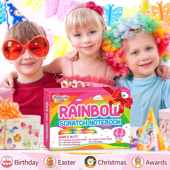 Kids Scratch Art Party Favors Gifts: 24 Pack Rainbow Scratch Notebook Paper Birthday Party Favor Toy Girls Boys Art Craft Kit Summer Classroom Goodie Bags Return Gifts for Birthday Party Favors Bulk