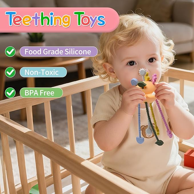 Silicone Baby Sensory Montessori Toys & Pull String Teething Toys for 6-12-18 Months, Toddler Birthday Gift Car Seat Airplane Travel Toy for 1 2 Year Old Boy Girl Infant 8 9 10 Months Old (Orange)
