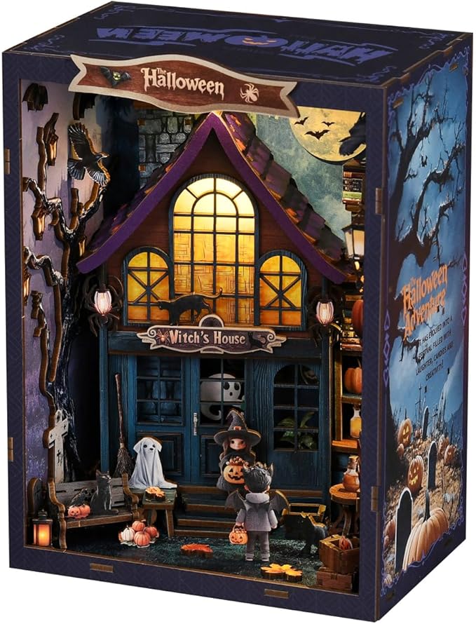 Book Nook Kit for Adults, 3D DIY Wooden Holiday Theme Miniature House Craft Kit Bookshelf Christmas Decor Halloween Birthday Gift