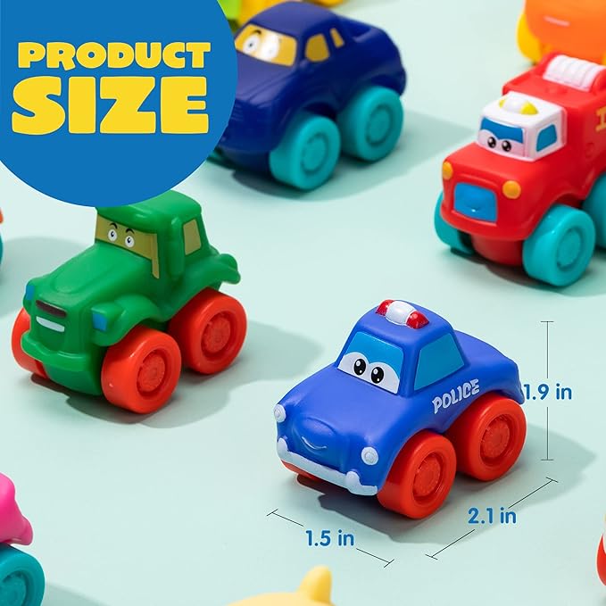 JOYIN Cartoon Cars, Soft Rubber Toy Car Set, Mini Vehicles, Bath Toy Car for Toddlers, Gift for Boys and Girls Easter Basket Stuffers, Summer Beach and Pool Activity, Party Favors for Kids