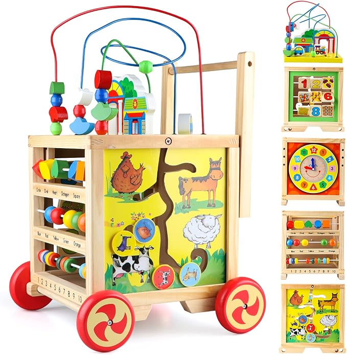 Wooden Activity Cube 6 in 1 Montessori Educational Learning Sensory Toys for 1 Year Old 12-18 Months Boys Girls First Birthday Gifts for Baby Toddler Toys Age 1-2 Bead Maze Shape Sorter Abacus