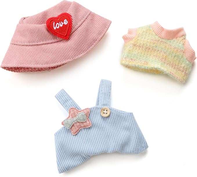 17cm Doll Clothes for Labubu - Kawaii Chic Style Set for 17cm Dolls, Cute Doll Outfit with Accessories - Colorful T-Shirt + Star Light Blue Romper + Heart Shaped Pink Hat (Clothes Only)