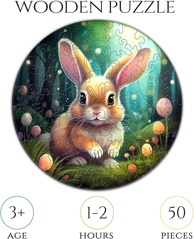 Christmas Birthday Gifts for Kids Girls Boys, Wooden Jigsaw Puzzles for Kids Ages 4-6, 50 Piece Unique Shape Animal Theme Puzzle - Preschool Learning Educational Toys for Kid 3+ (Rabbits)