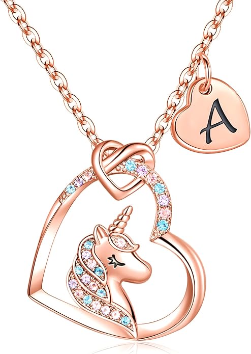Hidepoo Unicorn Necklace Gifts for Girls - Colorful CZ Heart Pendant Initial Unicorns Necklaces for Teens Little Girls Jewelry Birthday Gift for Girl Daughter Granddaughter Niece