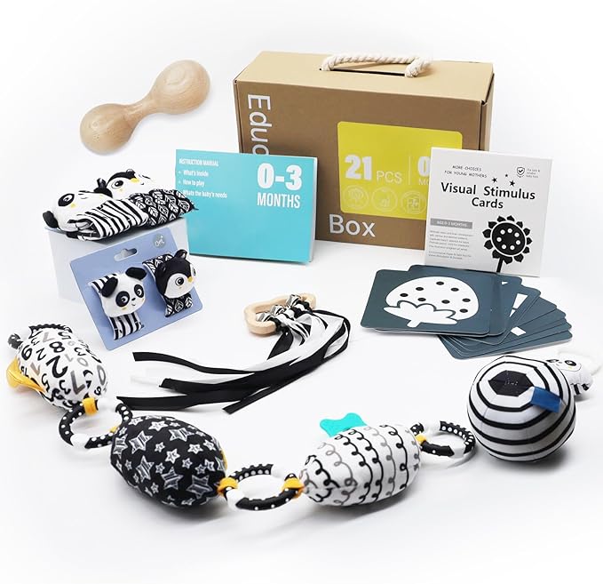 vocheer Black and White Baby Toys, 7 in 1 Sensory Toys for Infants, Tummy Time Toy Newborn 0-3 Months Brain Development, High Contrast Baby Cards Infant Montessori Toy Gift