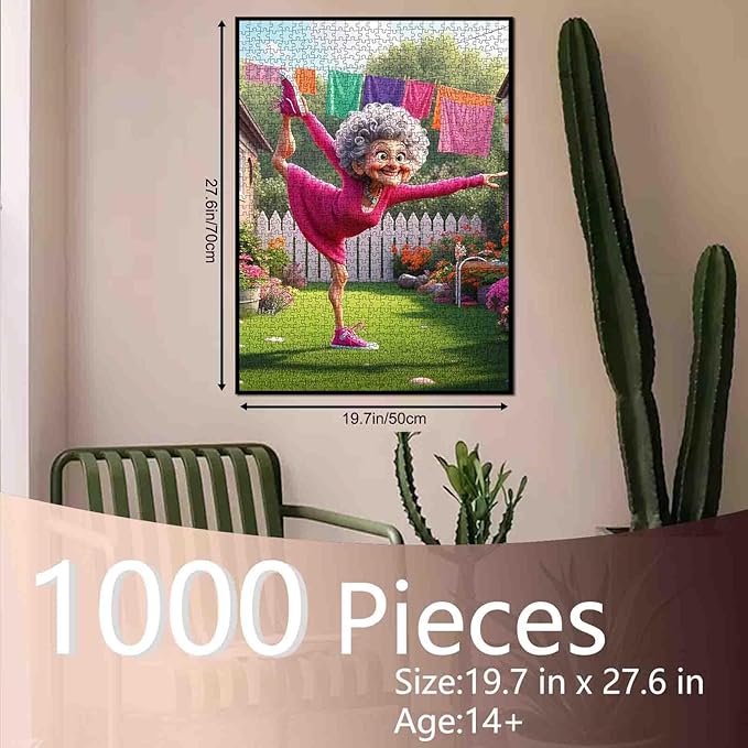 Funny Cartoon Granny Jigsaw Puzzle for Adults 1000 Piece Colorful Backyard Scene Elderly Lady Doing Yoga in Garden 20×27 Inches Puzzles Fun Brain Game for Family and Friends Stress Relief