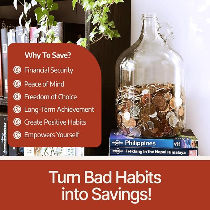 Piggy Bank for Adults - Large Coin Bank Glass Jar - for Saving Money & Small Change - Gallon Jug Made in USA