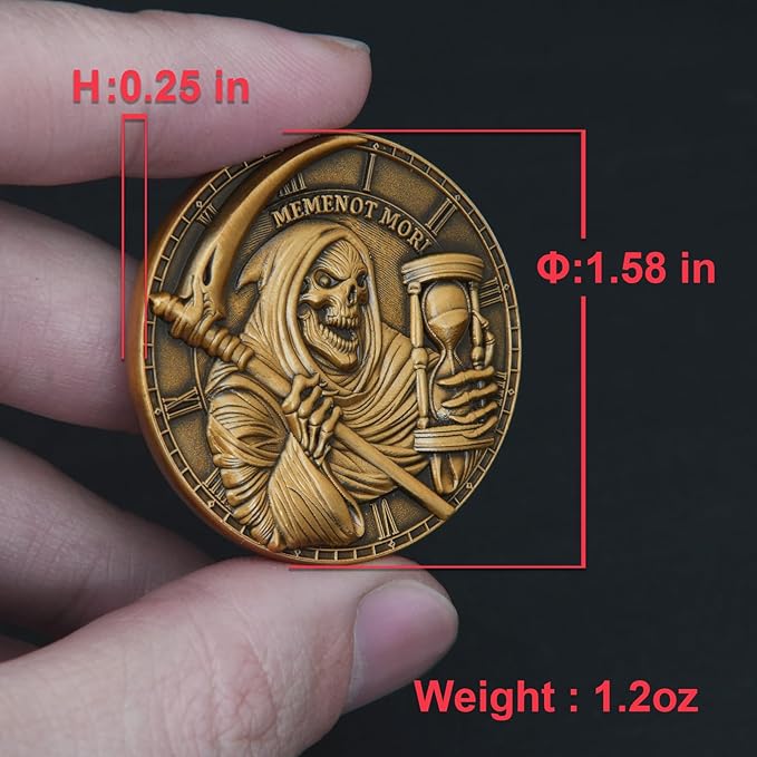 Memento Mori Challenge Coin - Hourglass & Scythe Design with Latin Inscriptions, Embrace Life’s Transience with Inspirational Design (Single Coin)