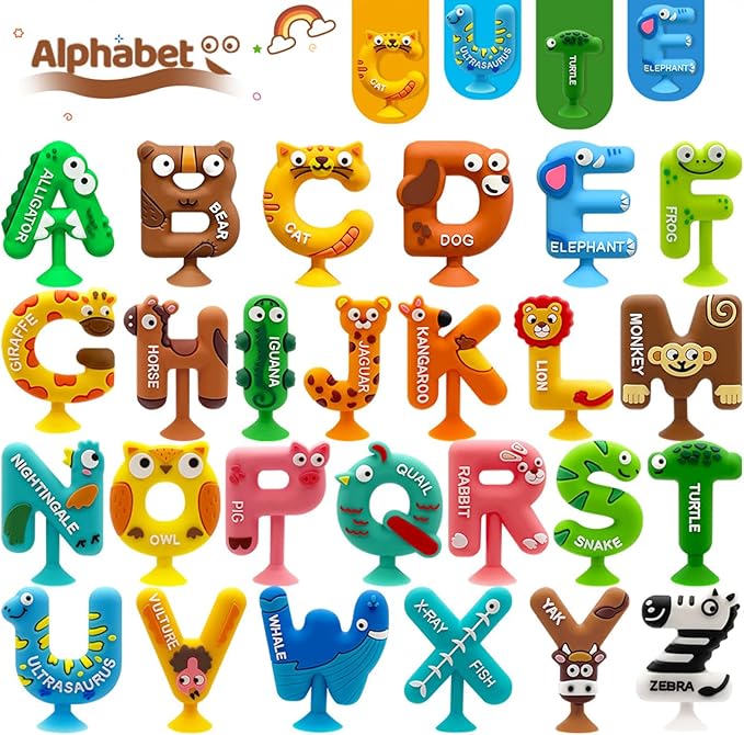Suction Bath Toy for Toddler, 26PCS Animal Alphabet, Montessori Sensory Toy Gift for Kids Aged 3-12, Educational Spelling for Autism/ADD/ADHD,No Hole Bath Toy for Baby Toddlers