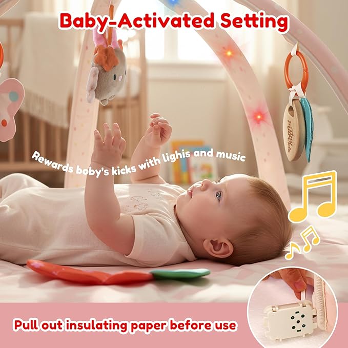 Baby Play Gym & Activity Mat with Light-up Musical Arch, Tummy Time Mat with 6 Detachable Sensory Toys for Motor Skills & Sensory Development, Baby Essentials Shower Gift - Spring Blossoms Themed