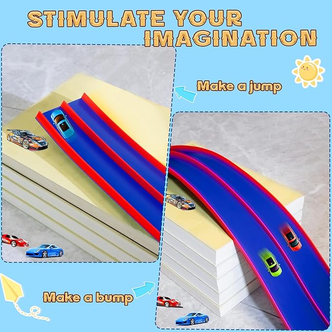 Flex Track 15 Ft Starter Set, Flexible Race Car Ramp Track for Ages 3 & Up with Suction Cups Compatible with Diecast 1/64th Cars (Blue & Red)