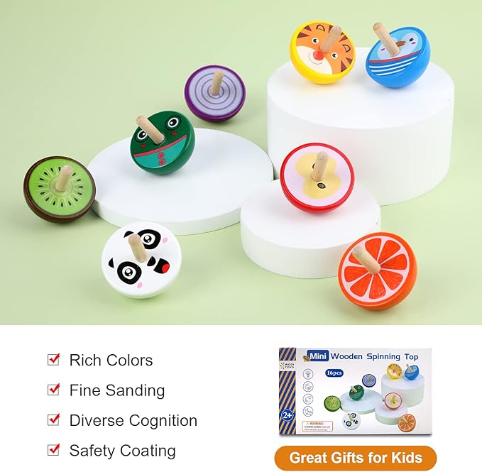 WODI Wooden Spinning Tops, 16 Pcs Wood Novelty Gyroscopes, Kids Handmade Painted Spinner, Kindergarten Toys, Vintage Craft Spin Top, Great Gift for Toddlers Girls Boys