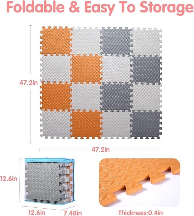 Play Mat for Babies 0-6 Months, Solid Colored Foam Floor Mat, Non-Toxic Interlocking Foam Puzzle Floor Mats, 0.4" Thick Square Kids Playmat丨47x47 Play Mat for Playpen (White/Gray/Orange)