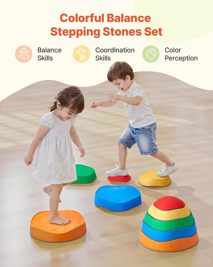 VEVOR Balance Stepping Stones for Kids, 5 PCS, Up to 220 lbs, Non-Slip Toddlers Sensory Stepping Stones, Obstacle Course Coordination Game Toys Indoor or Outdoor Play for Children Aged 3 4 5 6 7 8+