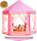 Princess Castle Tent with Rug for Girls Fairy Play Tents for Kids Hexagon Playhouse with Fairy Star Lights Toys for Children or Toddlers Indoor Games (Pink Princess Tent with Rug)