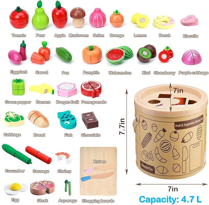 Play Kitchen Accessories, Wooden Play Food, Pretend Kitchen Cutting Fruit Vegetables Toys for Toddlers 3+ Years with Basket, Educational Toddler Toys for Fine Motor Skills, Gift for Boys Girls