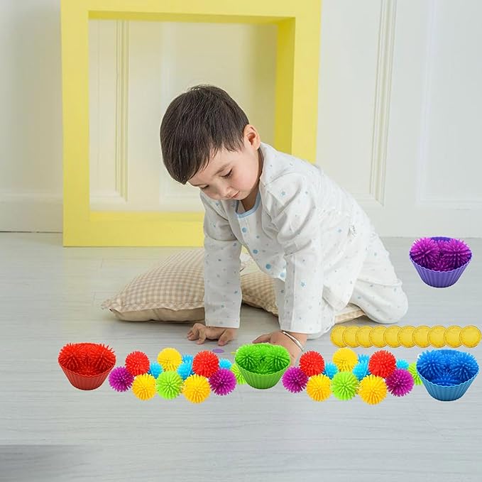 99pcs Fine Motor Skills Counting Sorting Sensory Bin Filler Included 60 Hedge Ball 4 Tweezer 2 Scissor Clip 20Pcs shamrock coins 12 Sorting Cup 1 Storage Bag for Preschool Early Education (Multicolor)