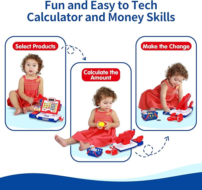 FS Toy Cash Register for Kids with Scanner, Play Money, Credit Card, Shopping Basket, Pretend Play Toys for Toddler 3-5-7 Years Old Boys and Girls Preschool Learning Activities, 57 Pieces Play Set