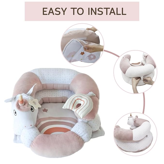 2-in-1 Tummy Time Mat and Seated Support with Two Toys – for Newborns and Babies – Includes Detachable Cushion for Supervised Play & Head/Neck Development (Blush)