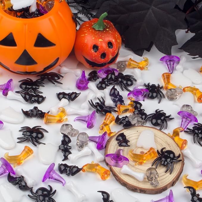 250PCS Halloween Vase Filler – Acrylic Halloween Sensory Bin Filler with Spiders, Bats, Skulls, Ghosts, Witch Hats, Boots, and Bones, Mini Halloween Figurines for Crafts and Bowl Decor