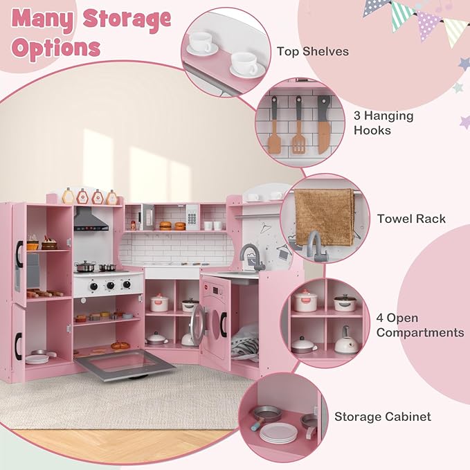 Costzon Corner Kids Kitchen Playset, Wooden Play Kitchen w/Sounds & Lights, Washing Machine, Range Hood, Ice Maker, Microwave, Oven, Sink, Pretend Toy Kitchen Set for Toddler, Gift for Boys Girls
