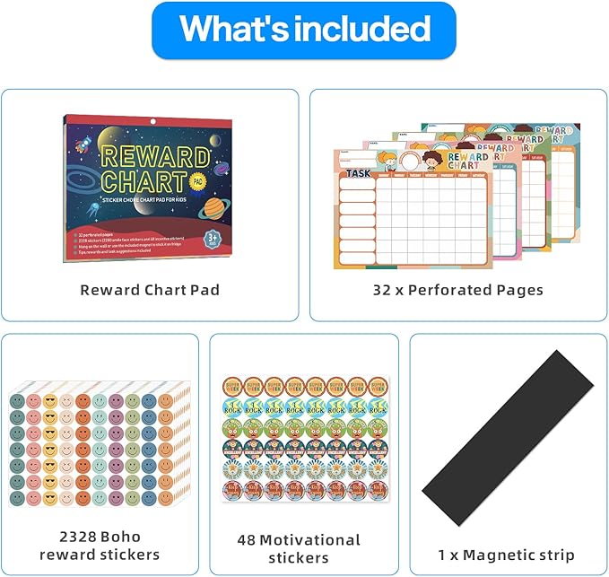 Boho 32 Chore Charts Behavior Reward Chart System,Sticker Chore Chart Pad for Kids with 2328 Stickers, 12.2" x 9.8" Magnetic Reward Chart to Develop Responsibility & Good Habits.