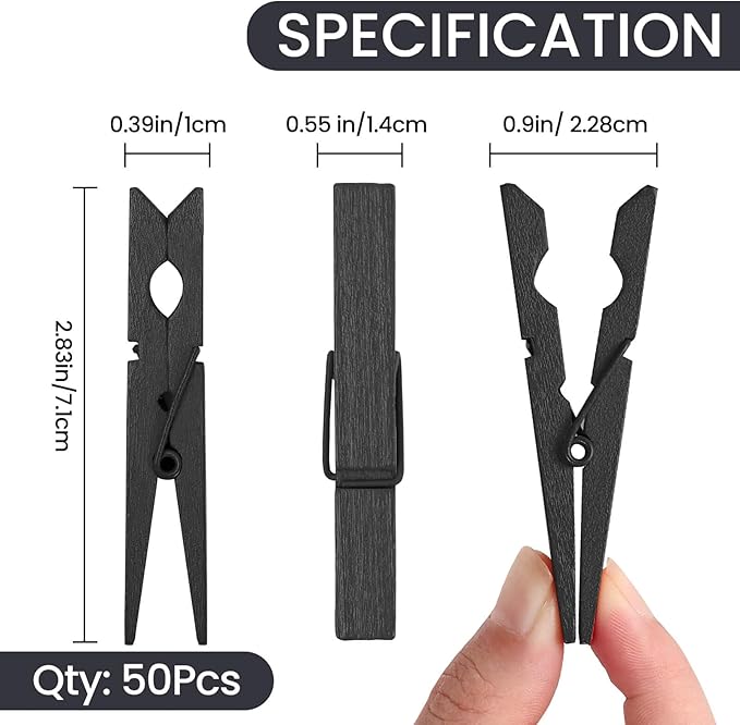 50PCS Colored Wooden Clothespins Black, 2.9inch Clothes Pins for Clip Pictures Photos Decorative, Small Colorful Wood Decoration Closepins Clips